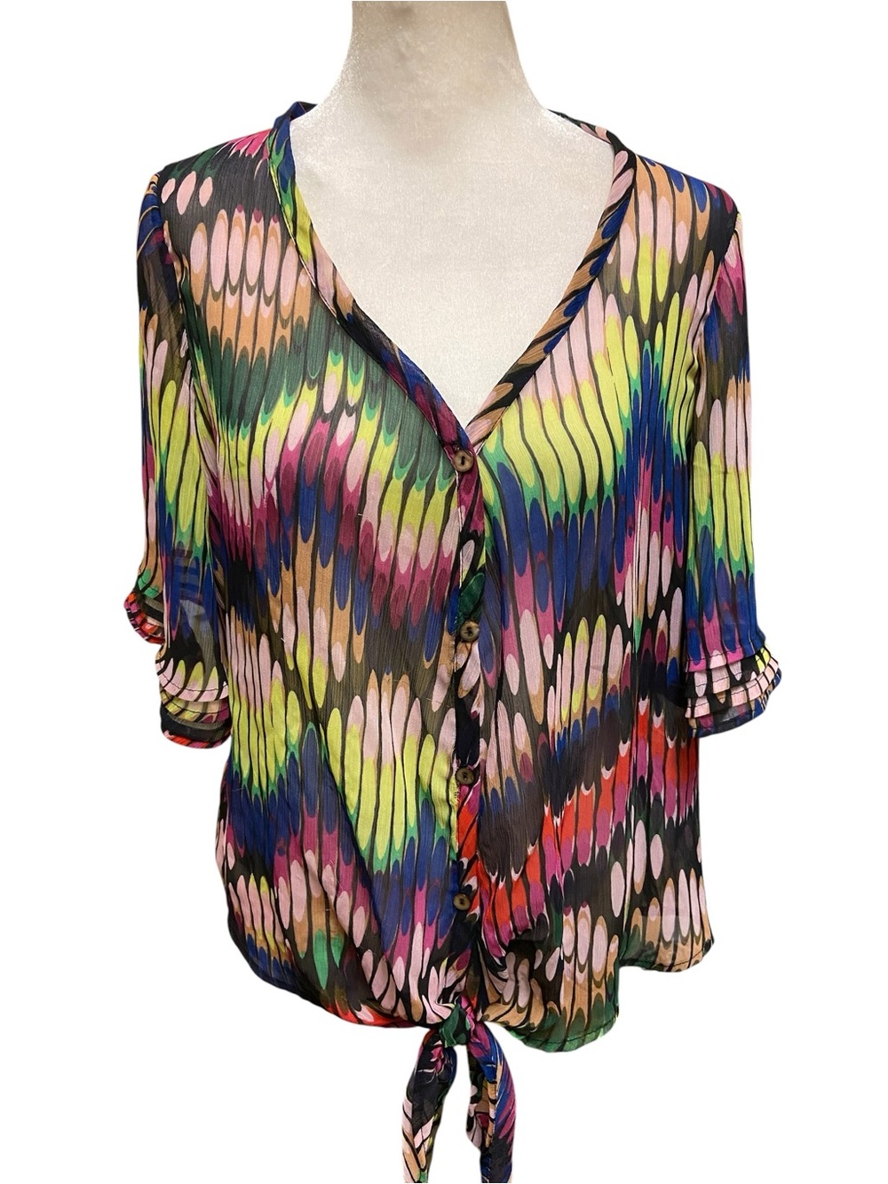 Democracy Women’s Multicolor Kaleidoscope Print Front Tie Chiffon Blouse Size M